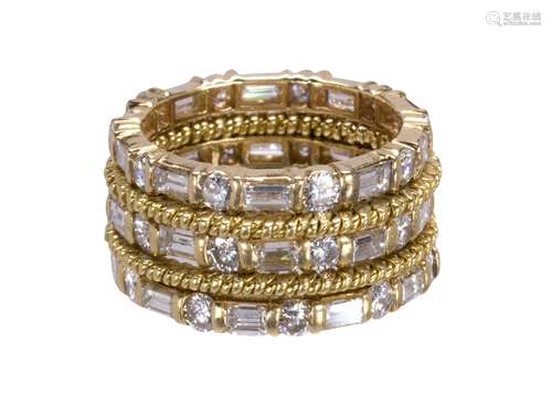 (Lot of 5) Diamond and 14k yellow gold eternity bands Including 3) matching alternating emerald,