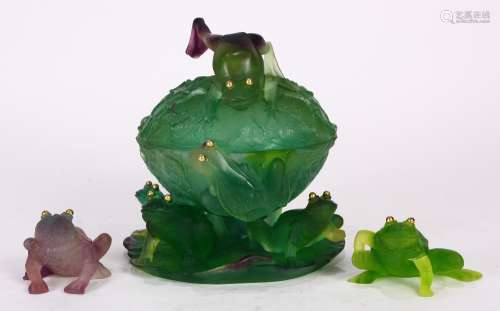 (lot of 3) Daum Nancy pate de verre group, including a figural lidded compote, executed in green
