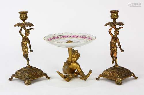 (lot of 3) Pair of Rococo style gilt figural candlesticks, each having a single light, above the