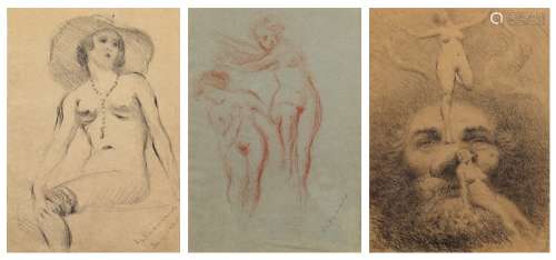 (lot of 4) Granville Redmond (American, 1871-1935), Untitled (Nude with Hat), 1929, and Untitled (