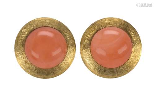 Pair of Henry Dunay coral and 18k yellow gold earrings Featuring (2) round coral cabochons,