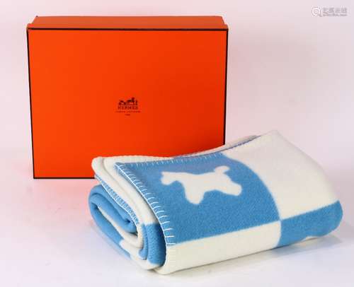 Hermes cashmere and wool throw blanket, executed in light blue and white, accented with