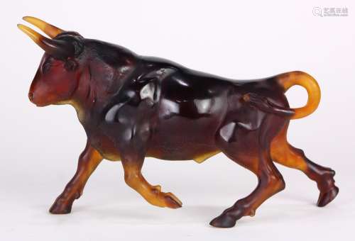 Daum France Pate De Verre bull, executed in amber and signed Daum France, with original box, 6