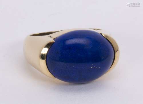 Lapis lazuli and 14k yellow gold ring Featuring (1) oval lapis lazuli cabochon, measuring