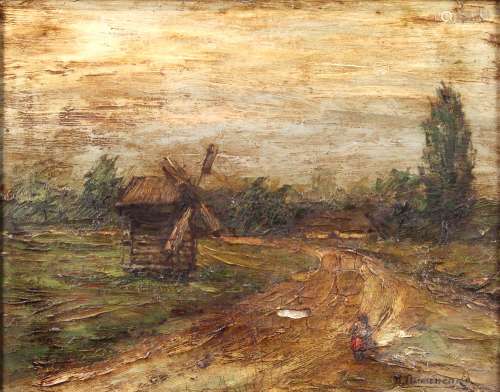 Nikolai Kornilovich Pimonenko (Russian, 1862-1912), Landscape with Windmill, oil on panel, signed