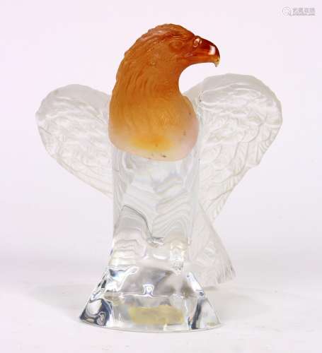 Daum France Pate de Verre crystal eagle, having an amber colored head continuing to the frosted to