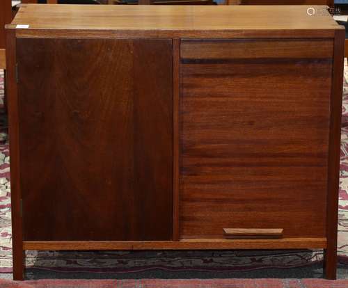 Scandinavian teak credenza, circa 1970, having an inlaid top, above the case with a tambour door