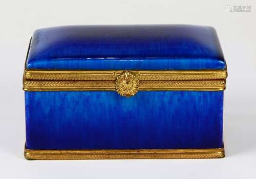 Paul Milet for Sevres jewelry box, having a casket form executed in mottled blue, with gilt