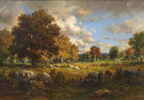 Claude E. Picault (French, 19th century), Wooded Clearing with Clouds, oil on panel, signed lower