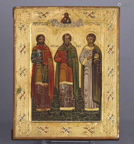 Russian icon, depicting three saints, surrounded by a gold border. 7