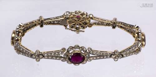 Rubelite, diamond and 18k gold bracelet Featuring (4) oval-cut rubelites, weighing a total of