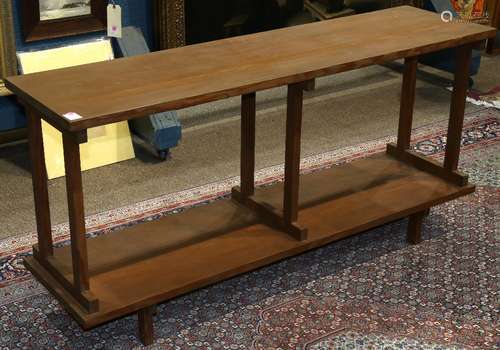 Mid Century custom tiered console table executed in redwood, 29.5