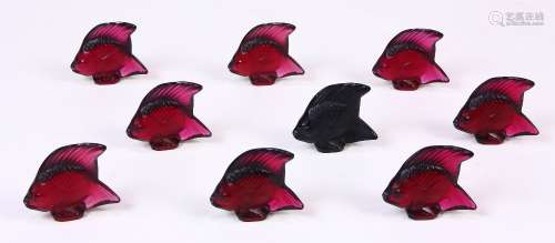 (lot of 9) Lalique France frosted crystal fish form sculptures, (8) executed in aubergine, one