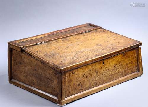 English burl wood lap desk, early 19th century, having hinged lid with a sloped writing area, and