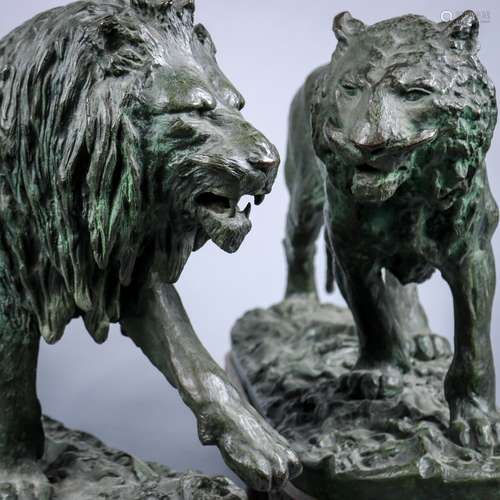 (lot of 2) Christophe Fratin (French, 1801-1864), Le Lion et Le Tigre, bronze sculptures, each