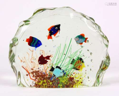 Murano cased glass sculpture, executed in clear glass with colored glass reserves depicting an