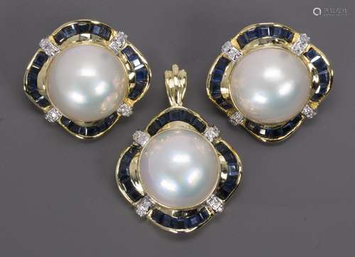 Mabe pearl, sapphire, diamond and 14k yellow gold jewelry suite Including 1) pair of 15 mm, mabe