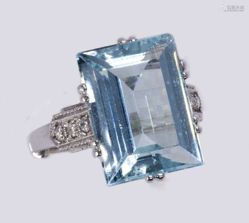 Aquamarine, diamond and 14k white gold ring Featuring (1) rectangular-cut aquamarine, weighing