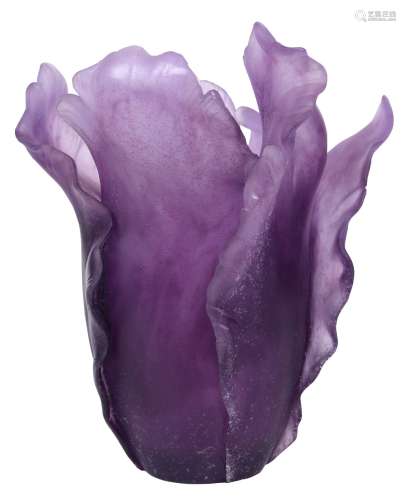 Daum pate de verre Tulip vase, executed in violet, the organic body with a naturalistic leaf form,