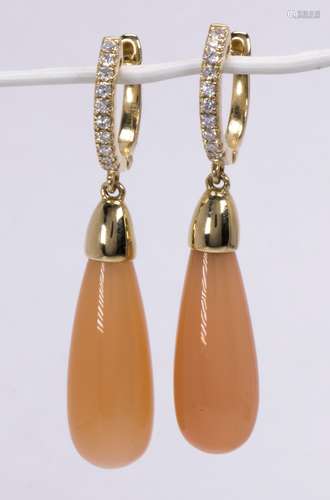 Pair of moonstone, diamond and 14k yellow gold earrings Featuring (2) moonstone drops, measuring