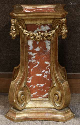 Pair of Louis XVI style giltwood and marble pedestals, each having giltwood carved swags flanking