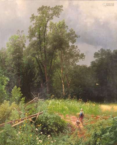 Herman Herzog (American/German, 1832–1932), Summer Landscape with Figure and Dog, oil on canvas,