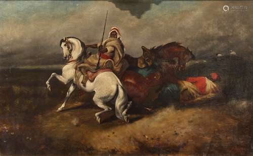 Orientalist School (19th century), Desert Battle Scene, 1887, oil on canvas, signed 