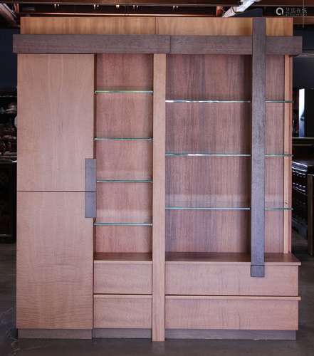 Berkeley Mills custom illuminated display cabinet, executed in multiple bookmatched woods, one