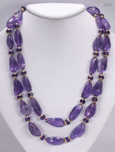 Amethyst bead and 14k yellow gold necklace Composed of (30) faceted, irregular amethyst beads,