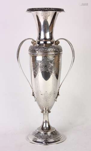 Tiffany & Co. sterling silver trophy vase, having a tapering ovoid form, the everted lip sits