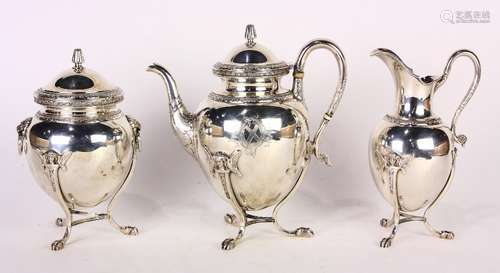 (lot of 3) Tiffany & Co. sterling silver tea set, 19th century, executed in the Neoclassical revival