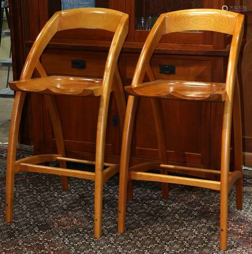 Pair of Berkeley Mills Lambda bar stools, each having a contoured back continuing to the wishbone