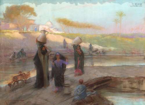 Robert George Talbot Kelly (British, 1861-1934), Orientalist Scene with Figures by the Nile, 1892,