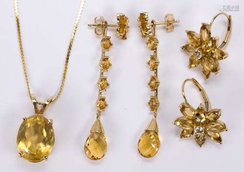 (Lot of 3) Citrine, white sapphire and yellow gold jewelry Including 1) pair of citrine and 14k