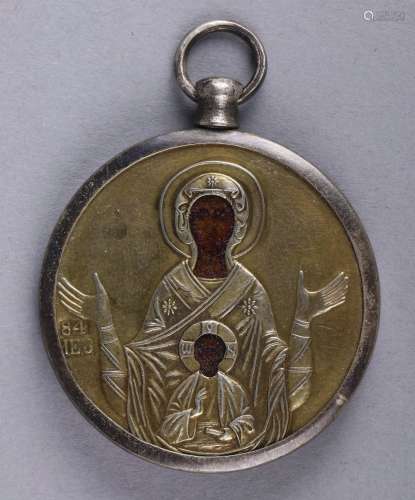 Russian silver traveling icon, depicting the Mother of God and mounted as a pendant, 1.5