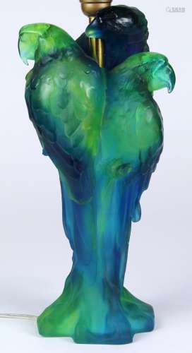 Daum, Nancy pate de verre figural table lamp, executed in green to blue, and depicting parrots