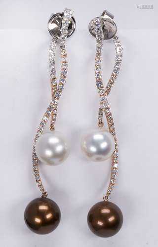 Pair of cultured pearl, diamond and 18k white gold earrings Featuring (2) brown and (2) white