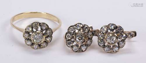 Diamond and 14k yellow gold jewelry suite Including 1) ring, centering (1) full-cut diamond and (