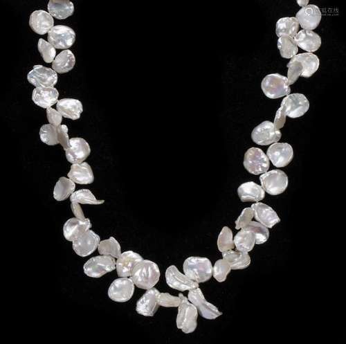 Cultured pearl, diamond and sterling silver necklace Composed of numerous freshwater flake