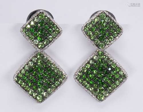 Pair of Salavetti tsavorite garnet, diamond and 18k white gold earrings Featuring (148) round-cut