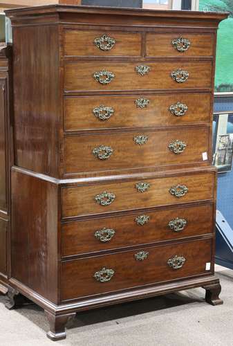 Georgian mahogany chest on chest, having a molded top, above the five drawer superstructure,