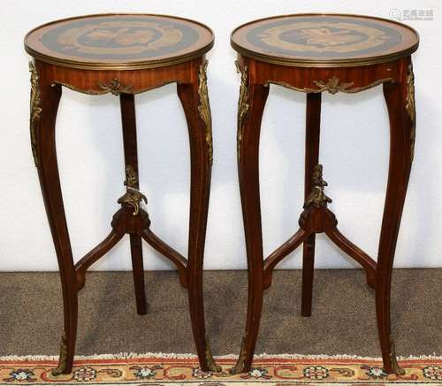 Pair of Louis XV style gueridons, each having a circular inlaid top centered with a reserve of