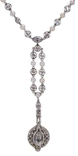 Lady's Belle Epoque diamond, cultured pearl and platinum lavaliere- pendant-watch Dial: round,