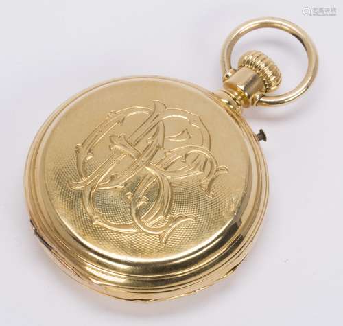 18k yellow gold hunting case pocket watch Dial: round, white, black Roman numeral hour markers,