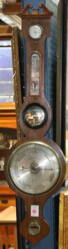 English mercurial five window banjo barometer circa 1850, having a silver dial with black engraving,