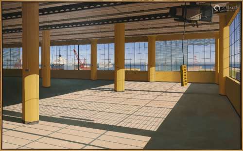Tom McKinley (American, b. 1955), Untitled (Warehouse Interior with Views of Ships in San