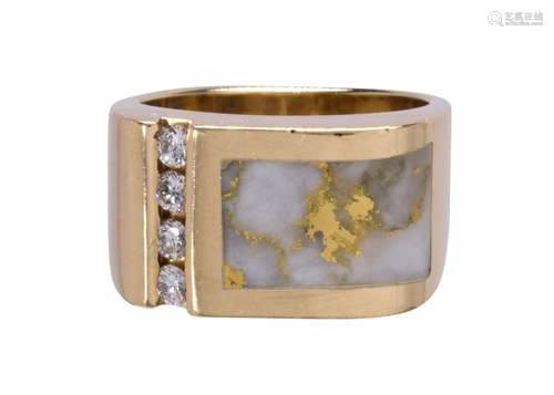 Gold-in-quartz, diamond and 14k yellow gold ring Featuring a rectangular gold-in-quartz inlay,