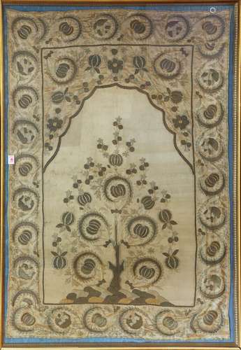 Continental framed silk embroidery circa 1850, having a floral decorated border surrounding the