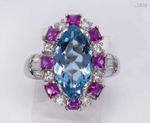 Aquamarine, diamond, sapphire and platinum ring Centering (1) marquise-cut aquamarine, weighing