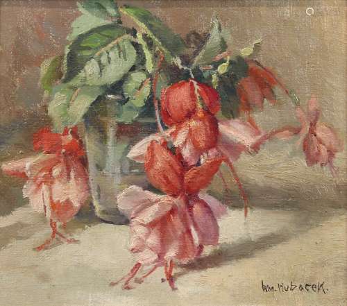 William Hubacek (American 1871-1958), Still Life with Fuchsia, oil on canvas board, signed lower